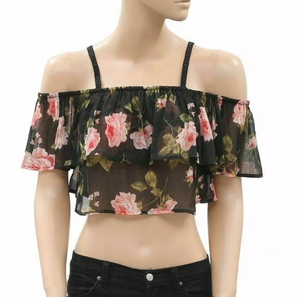 Kimchi Blue Tops - KIMCHI BLUE Floral Off-Shoulder Ruffle Crop Top
